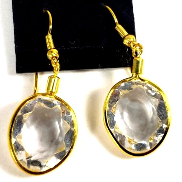 Elegant Clear Gem 1.5" Drop Earrings – Gold Tone Oval Dangle Lightweight Jewelry - Picture 3 of 8